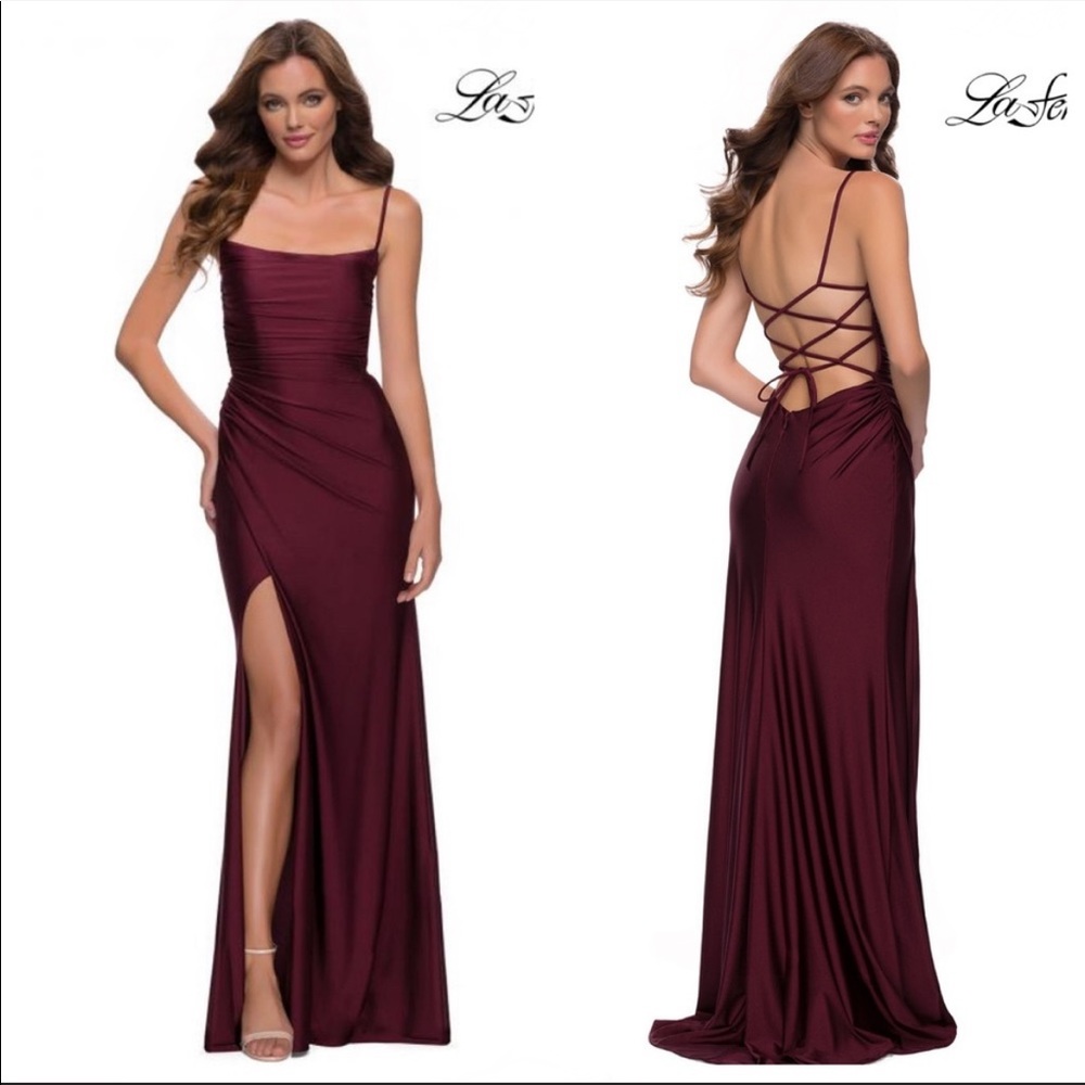 La Femme Strappy Back Ruched Front Slit Gown Maxi Dress Dark Berry 29710